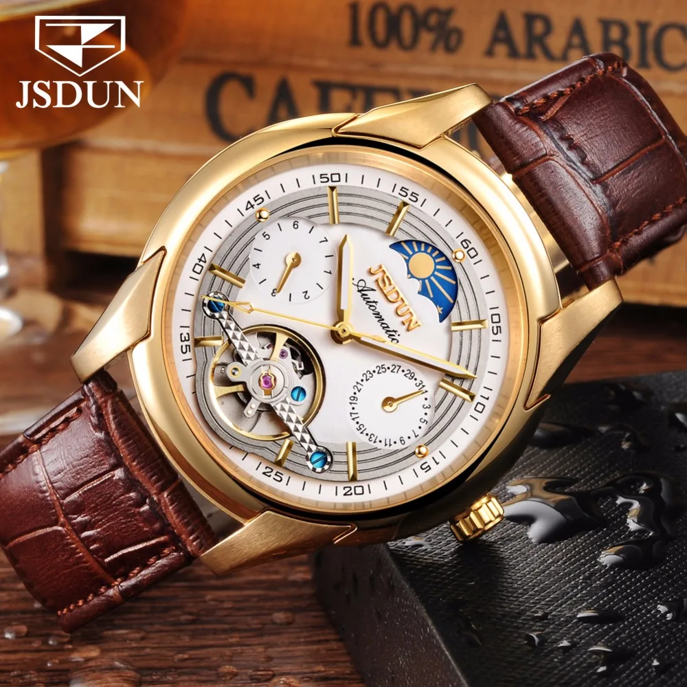 Автоматические механические часы мужские кожаные JSDUN Moon phase Мужские s часы лучший бренд класса люкс классические бизнес золотые мужские наручные часы Новые