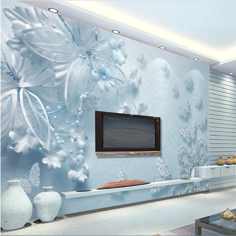 Beibehang-papel tapiz fotográfico personalizado 3D, Adhesivo de pared Fresco, estética pura, azul, 3d, flor transparente, mariposa, Fondo de pared de TV