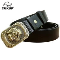 cukup novelty animal tiger head pattern smooth brass buckle metal belts solid pure genuine leather belt men accessories nck356