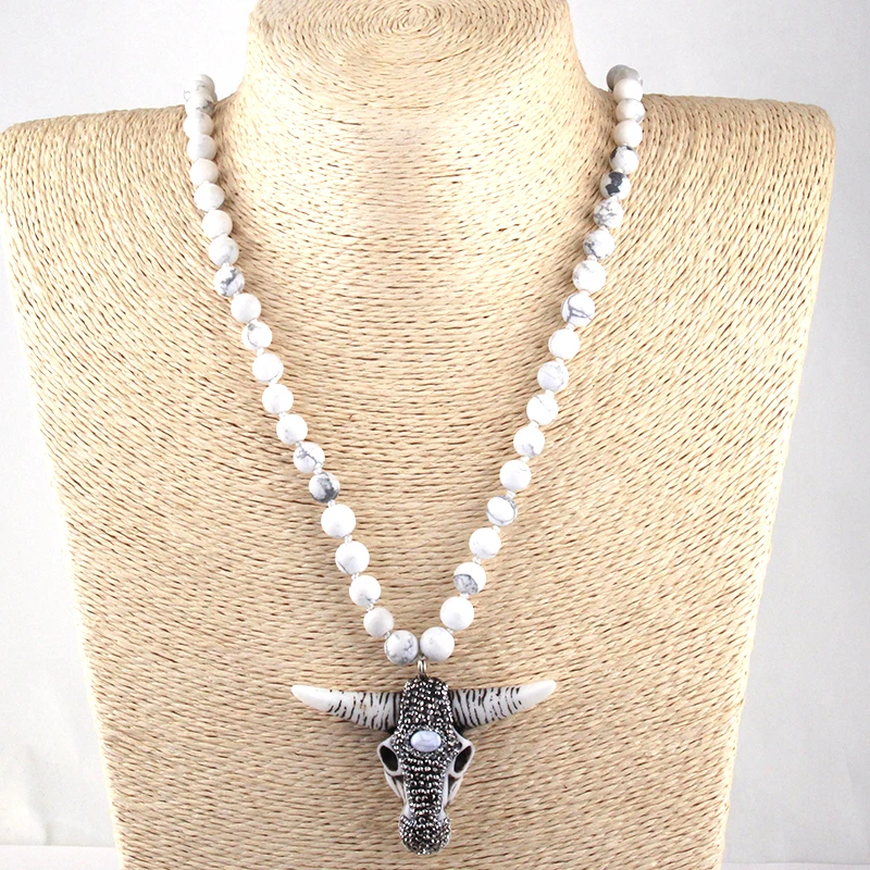 

Fashion Bohemian Tribal Jewelry Frosted White Semi Precious Stone Handmake Paved Horn Pendant Necklace Ethnic Necklace