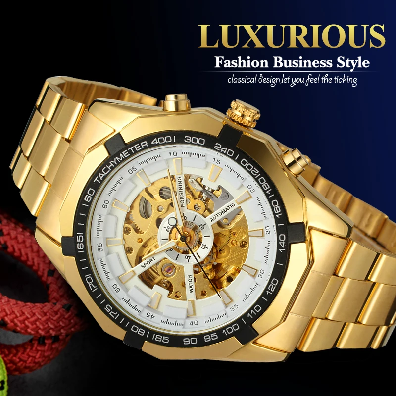 

Forsining Luxury Gold Automatic Men Watches Full Steel Bracelet Skeleton Relojes Round Dial Mechanical Wristwatches