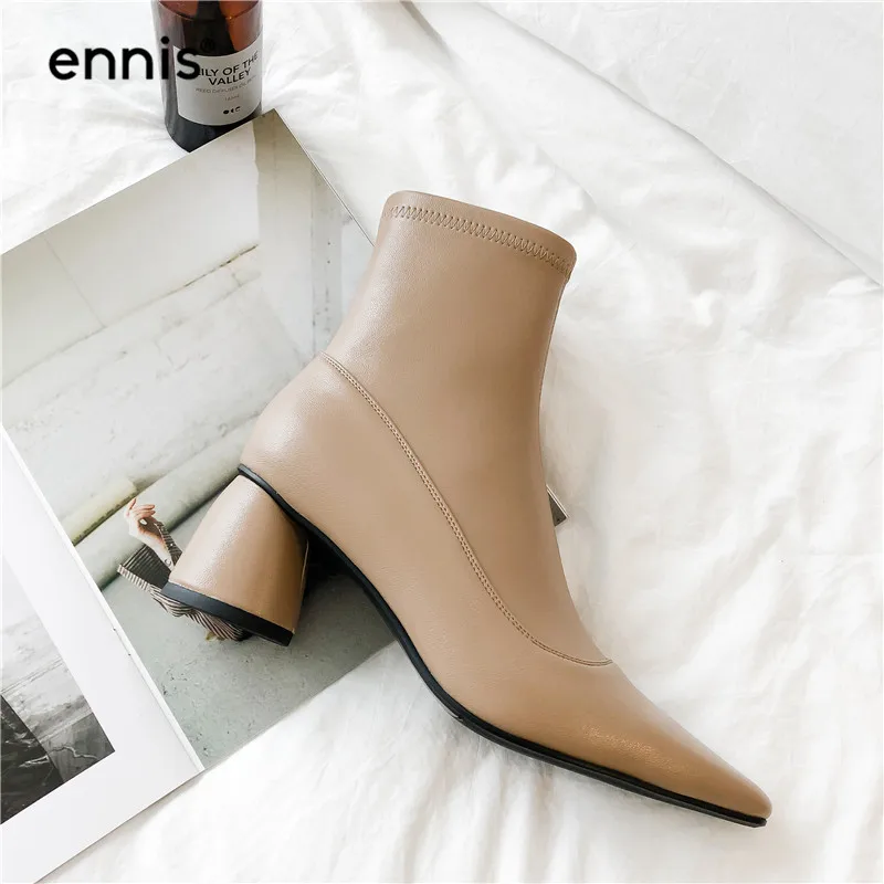 Apricot ENNIS Fashion Stretch Ankle Boots Women High Heel Boots Genuine Leather Boots Pointed Toe Shoes Autumn Winter Black A985 - Цвет: Apricot