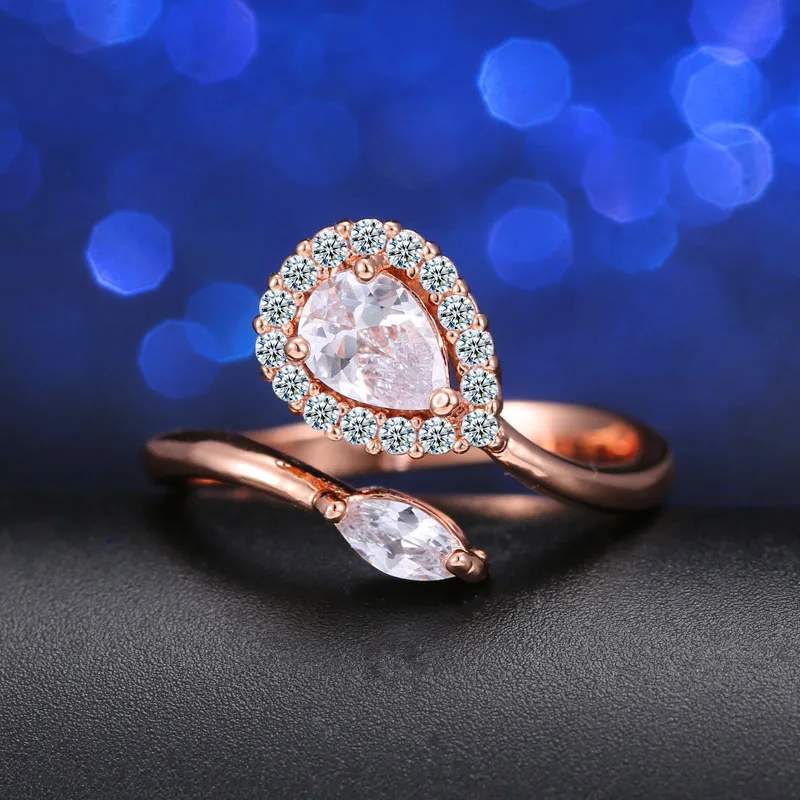 rose gold CWWZircons, регулируемый размер, высокое качество, розовое золото, цвет груша, кубический цирконий, открытые кольца для женщин, модные ювелирные изделия R089 - Цвет основного камня: rose gold
