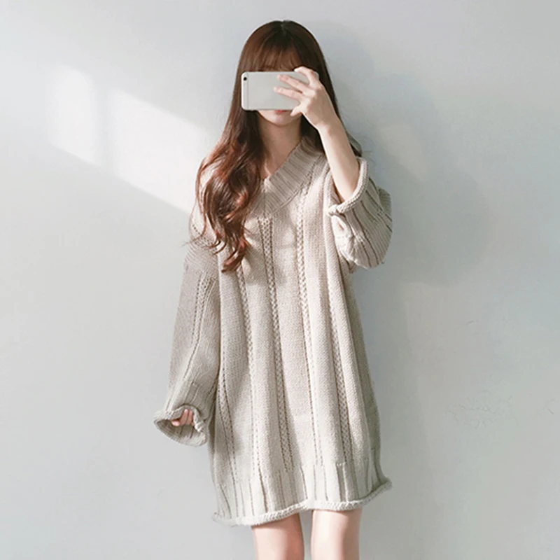 

2018 Autumn New Korean Fashion Clothing Chic Loose V-neck Long-Sleeved Wool Knit Dress Women's Student Campus Style Dress