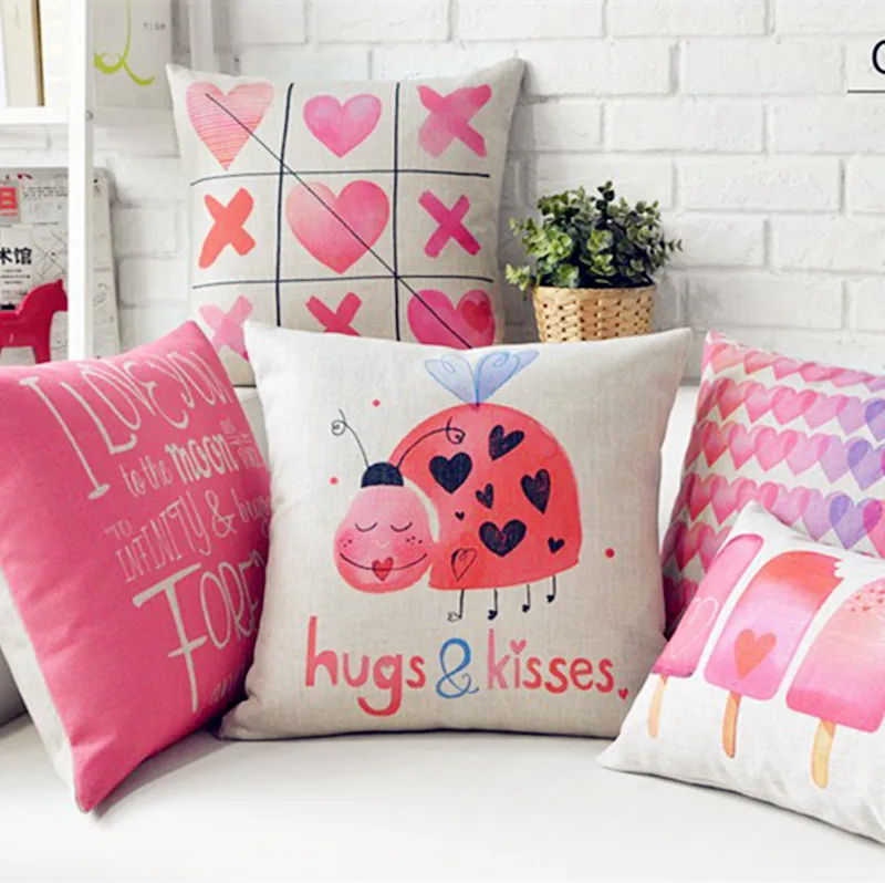 Розовый Божья коровка поцелуи подушки изо льна и хлопка на День Святого