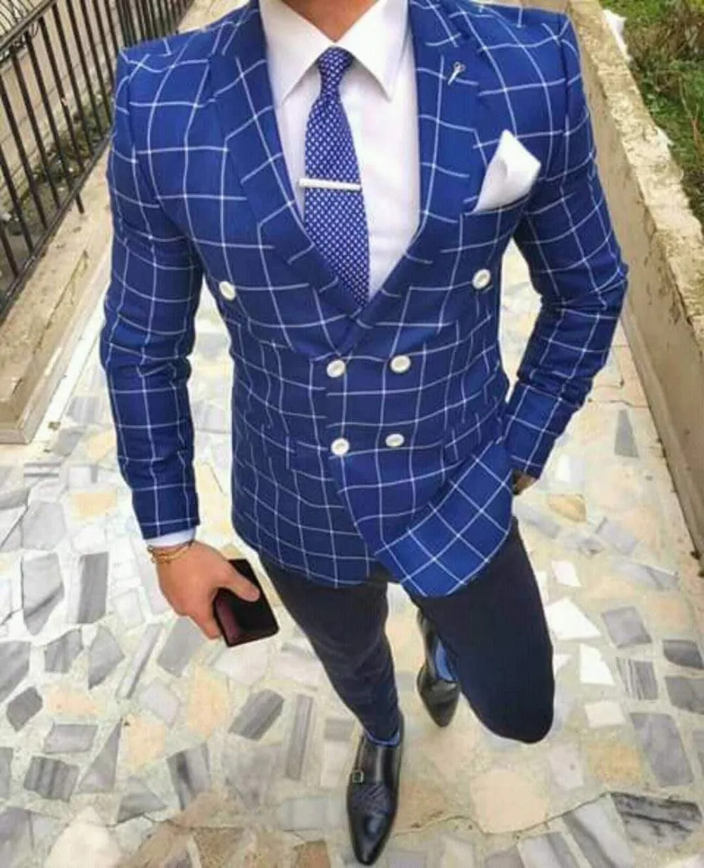 Новый мужской костюм Terno Masculino клетчатое пальто брючный дизайн синий двубортный с