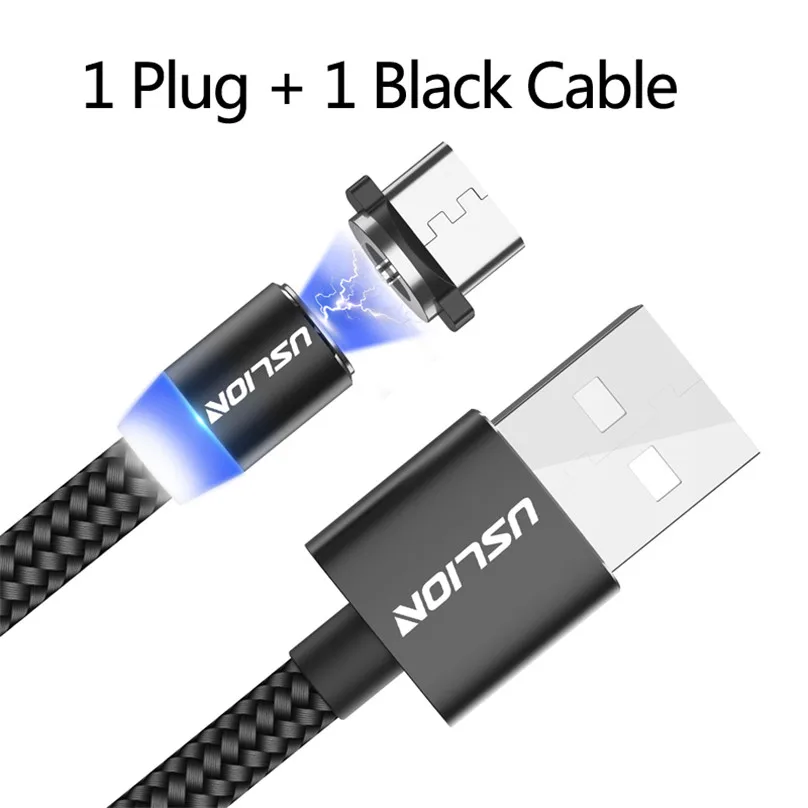 Black Магнитный светодиодный кабель USLION type C Micro usb для зарядки iPhone XS MAX, магнитное зарядное устройство USB C, кабель для samsung huawei Xiaomi - Цвет: Black