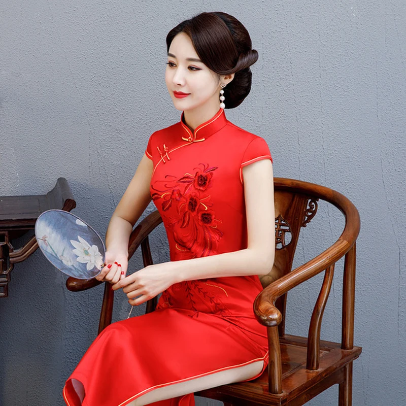 Женское атласное длинное вечернее Ципао Qipao винтажное платье с цветочным принтом