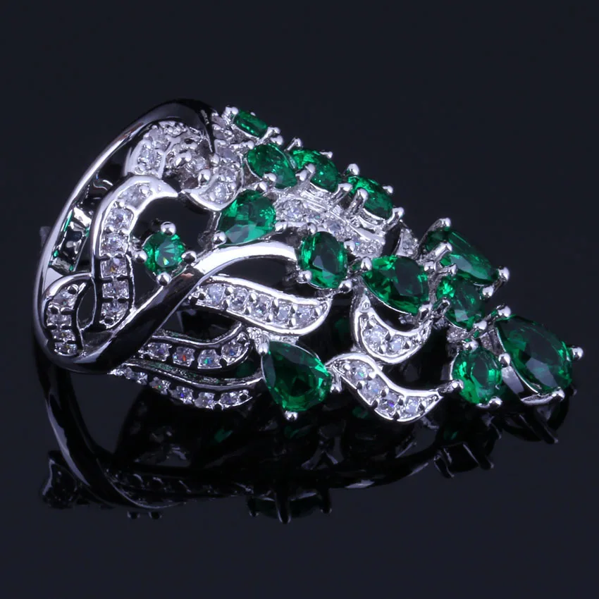 Glittering Huge Plant Green Cubic Zirconia White CZ Silver Plated Ring V0526 | Украшения и аксессуары