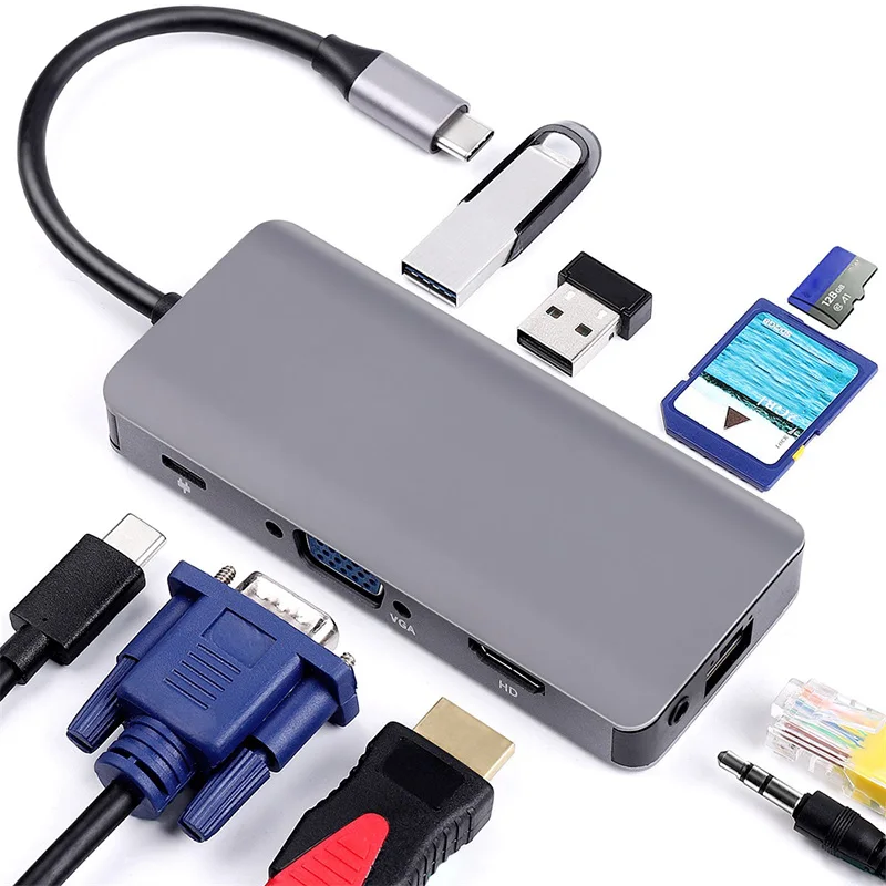 Новый 9 в 1 type C концентратор адаптер USB к HDMI 2 USB3.0 Micro SD/TF кард ридер с PD DC128| |