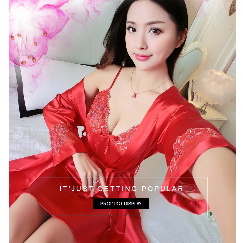 

Spring and summer new silk sexy lace strap nightdress long-sleeved home robe two-piece red temperament casual pajamas