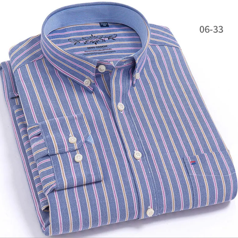 Mwxsd high quality Casual Mens Oxford Cotton Shirt Men Striped plaid wedding part Shirts male slim fit non iron Easy care shirt - Цвет: 02