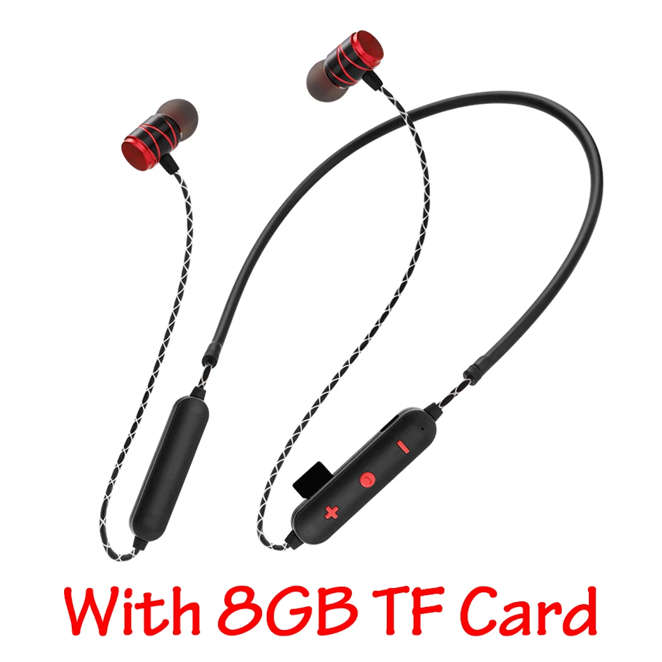 Red Add 8GB Card HOMEBARL K308 Magnet Bluetooth Headset Wireless Headphone Music Sport Stereo Earphone Mic Support 16GB 8GB Micro SD TF Card Slot - Color: Red Add 8GB Card