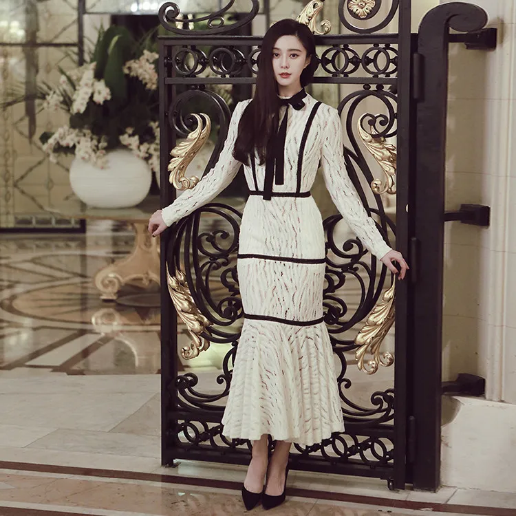 Новинка весны 2018 белое открытое длинное платье со звездами и длинными рукавами