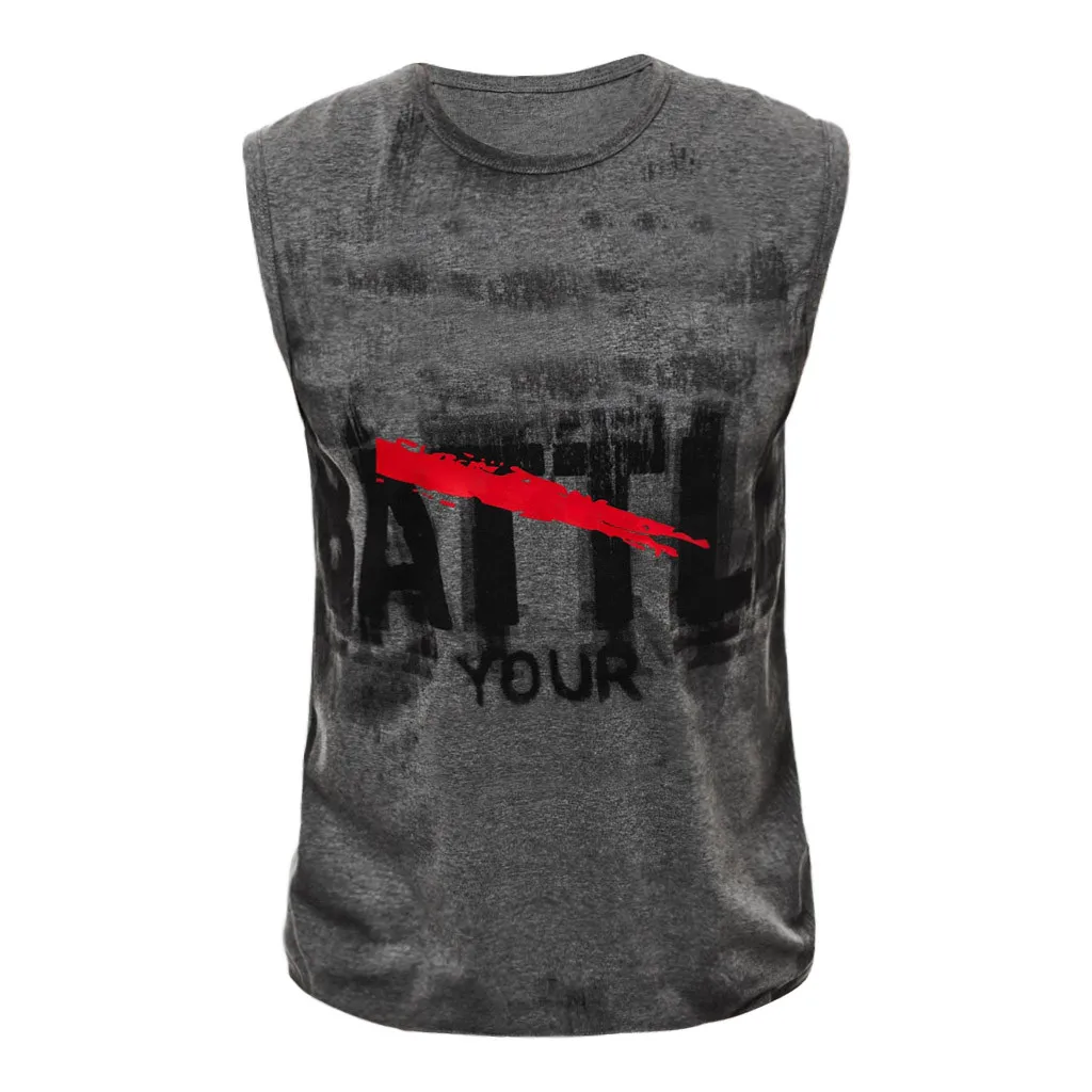 Polyester blouse Men Letter Printed sport men Casual sleeveless top Vest Striped Splice Large Open-Forked Male Daily W0710 | Мужская