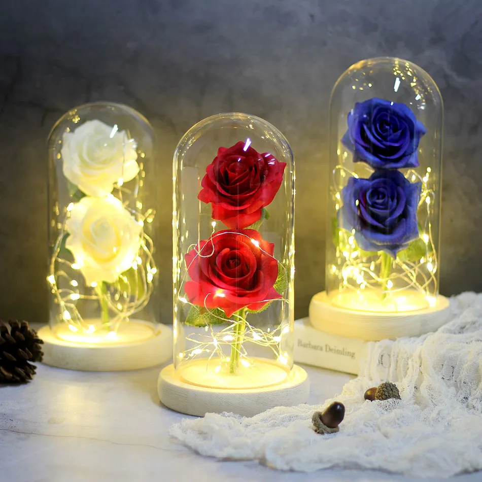 NEW Beauty And Beast Eternal Flower Rose In Flask Wedding Decoration Artificial Flowers In Glass Cover For Valentine's Day Gifts