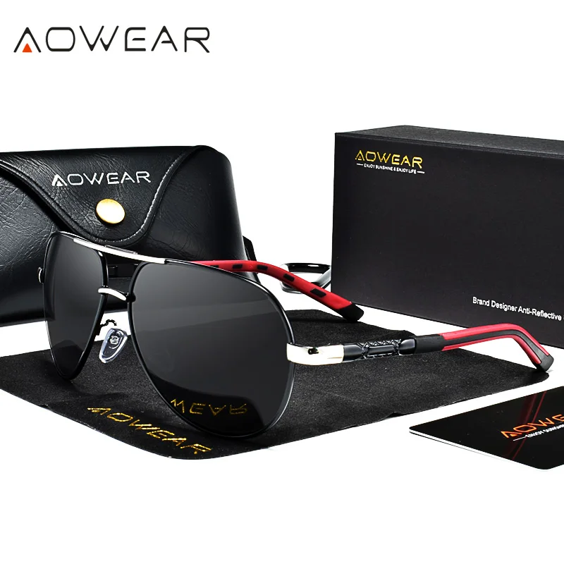 Silver Black AOWEAR, классические мужские солнцезащитные очки, мужские, авиационные, алюминиевые, поляризационные, солнцезащитные очки, мужские,, фирменный дизайн, HD очки, зеркальные очки - Цвет линз: Silver Black