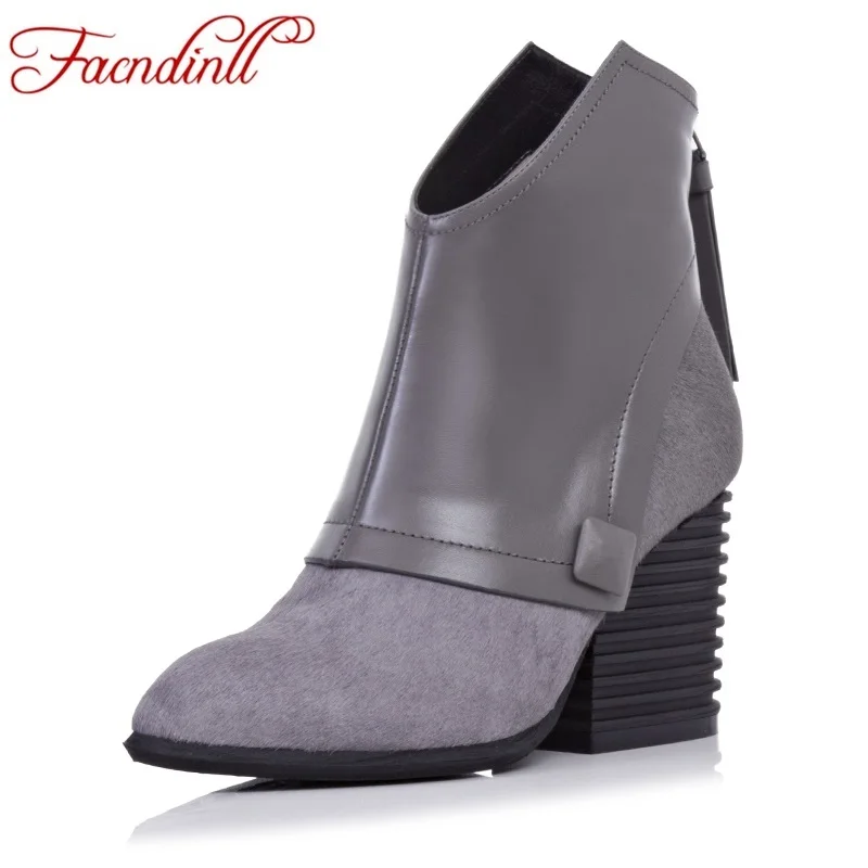 FACNDINLL women genuine leather ankle boots black red fur high heels pointed toe shoes woman autumn winetr riding | Обувь