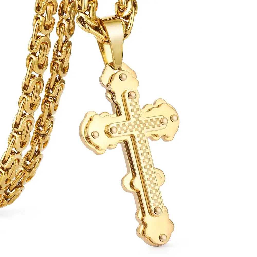 Gold Color Ожерелье с подвеской в виде Креста Иисуса, нержавеющая сталь, мужские ювелирные изделия, византийская цепочка из тополя, христианское ожерелье, серебряное золото, цвет MN56 - Окраска металла: Gold Color