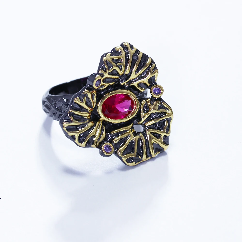 Винтажное кольцо с черным листом круглым красным и фиолетовым фианитом|leaf ring|finger