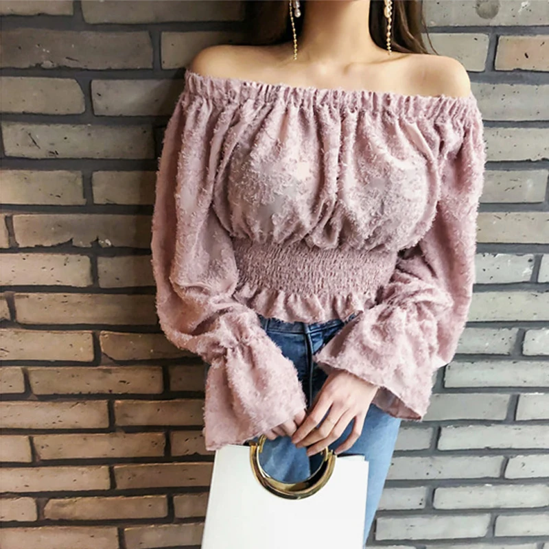 Elegant Slash Neck Off-Shoulder Bottoming Shirt Women 2019 Summer Stretch Elastic Flare Sleeve Female Tops Sweety Casual Clothes |