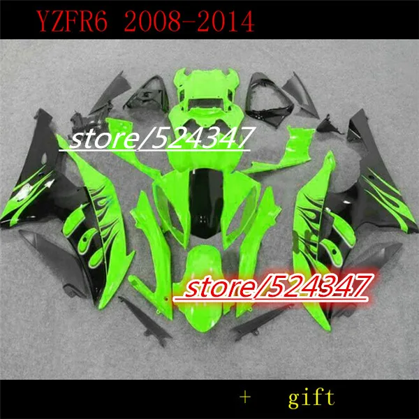 

Injection Black flames green Fairing kit for YZFR6 08 09 10 11 12 14 YZF R6 2008 2014 YZF600 Fairings