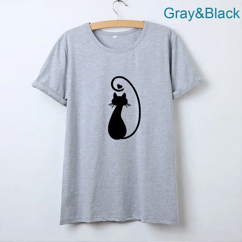 

Love Cat Tshirt Women Summer Short Sleeve O-neck Graphic Tee Shirt Femme Cotton Loose Black White T Shirt Women Top