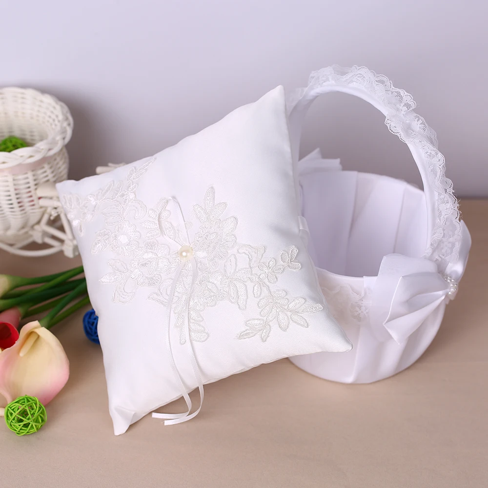 

7 * 7 inches White Satin Ring Bearer Pillow and Lace Flower Girl Basket Wedding Decoration Supplies Set
