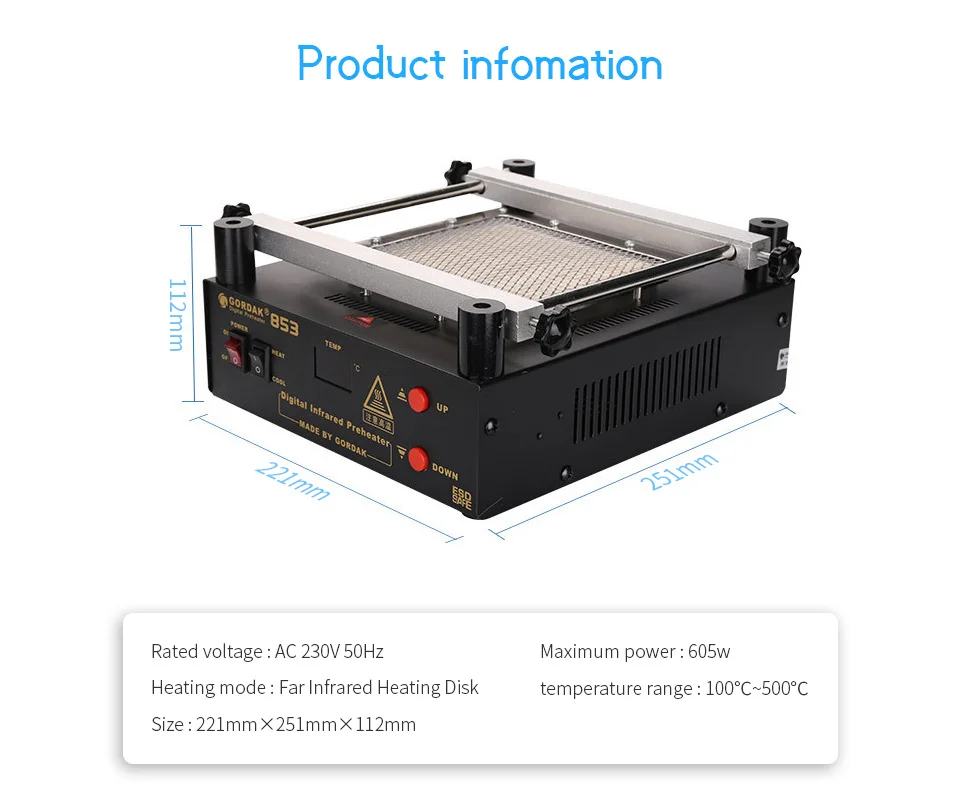 GORDAK853 BGA паяльная станция PCB Preheat цифровой дисплей предварительного нагрева паяльная станция для предварительного нагрева, отопления, вспомогательный инструмент