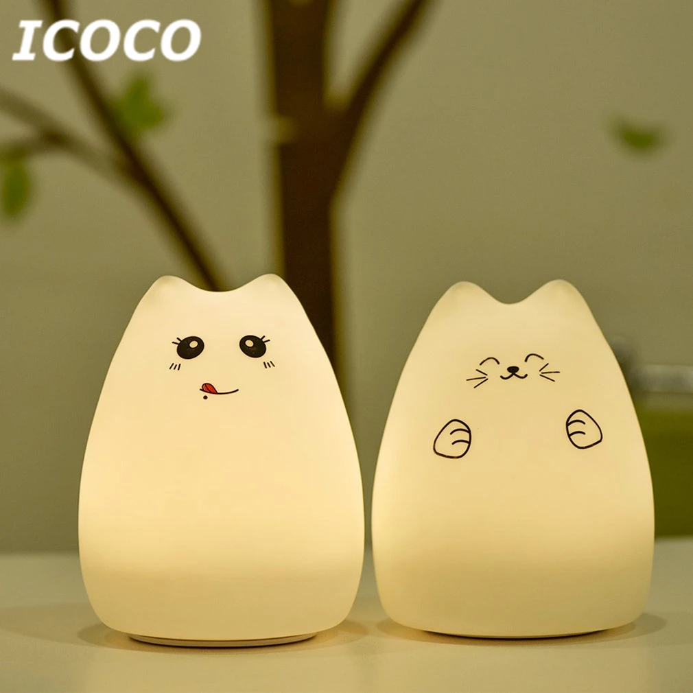 ICOCO 7 цветов сменная Милая мультяшная кошка из мягкого силикона Ночник подарок