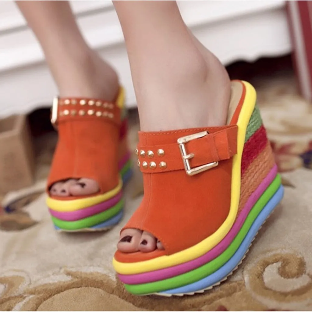 JAYCOSIN модные женские туфли на танкетке разноцветные Лоскутные сандалии с