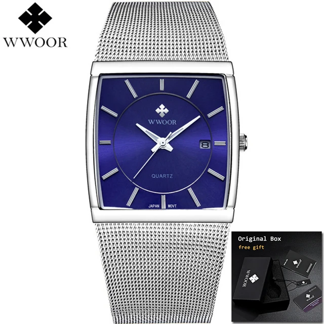 blue with box WWOOR Роскошные Брендовые мужские квадратные кварцевые часы, мужские водонепроницаемые часы с датой, черные сетчатые наручные часы из нержавеющей стали для мужчин - Цвет: blue with box