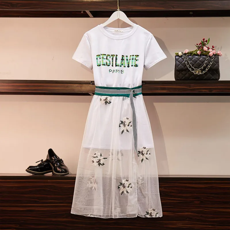 Женская юбка-футболка с цветочной вышивкой и длинное зеленое платье-футболка