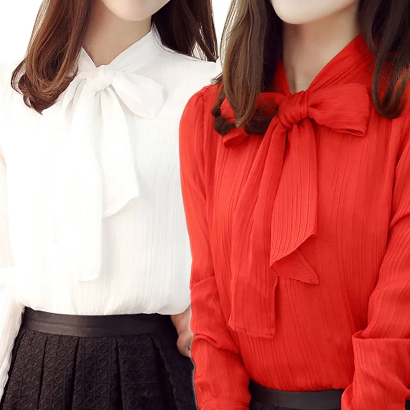 Женская шифоновая рубашка с длинным рукавом и бантом офисная одежда