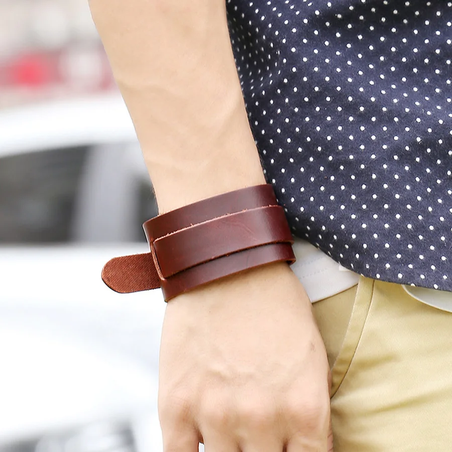 Двухслойный винтажный браслет из воловьей кожи мужские Регулируемые браслеты в