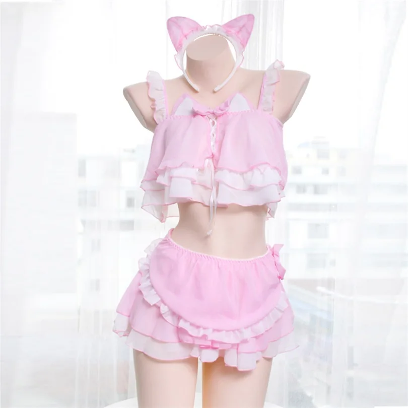 Pink SO Kawaii, сексуальный женский комплект нижнего белья, комплект нижнего белья в стиле Лолиты, аниме, костюм для косплея, кошечка для девочек, Топик с оборками, нижнее белье - Цвет: Pink