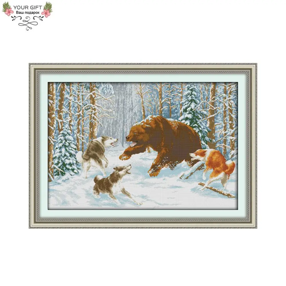 

Joy Sunday Wolves and Bear in the Snow D316 14CT 11CT Stamped and Counted Home Decoration Animal Embroidery Cross Stitch Kits