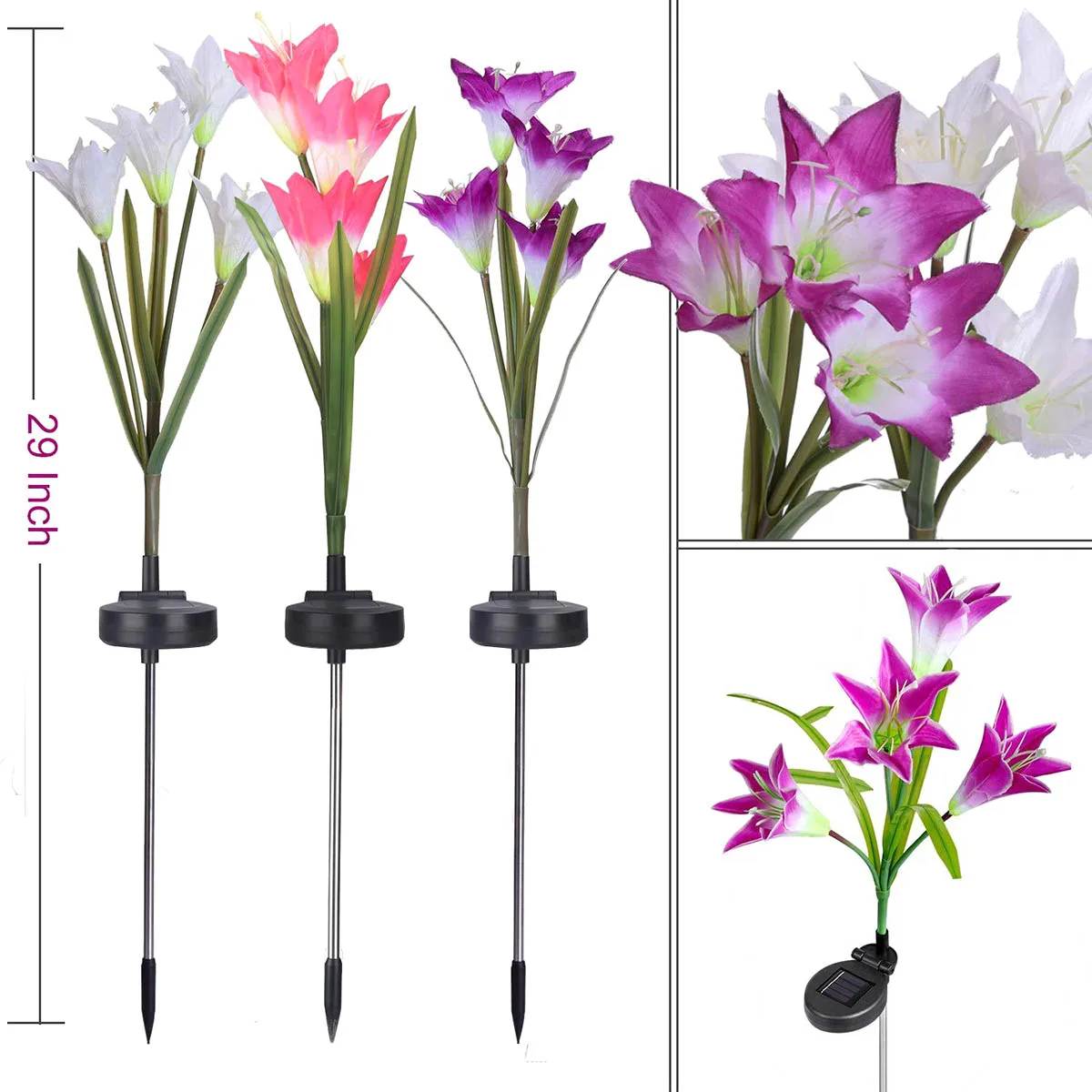 

Garden Solar Lights Color Changing LED Solar Stake Lights with 12 Lily Flower for Patio Backyard 3-pack
