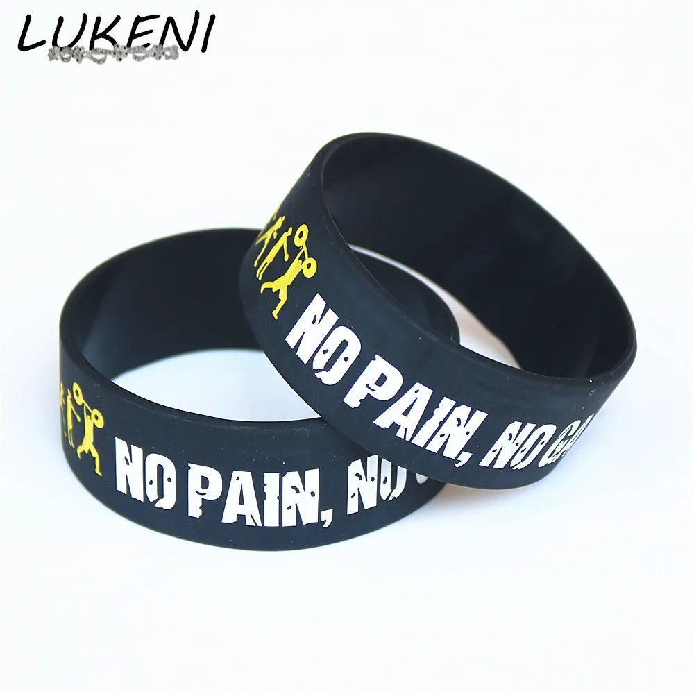 

LUKENI Hot Sale 1PC Wide Band Everybody Fit No Pain No Gain Silicone Wristband Motto Rubber Bracelets & Bangles Gift SH078