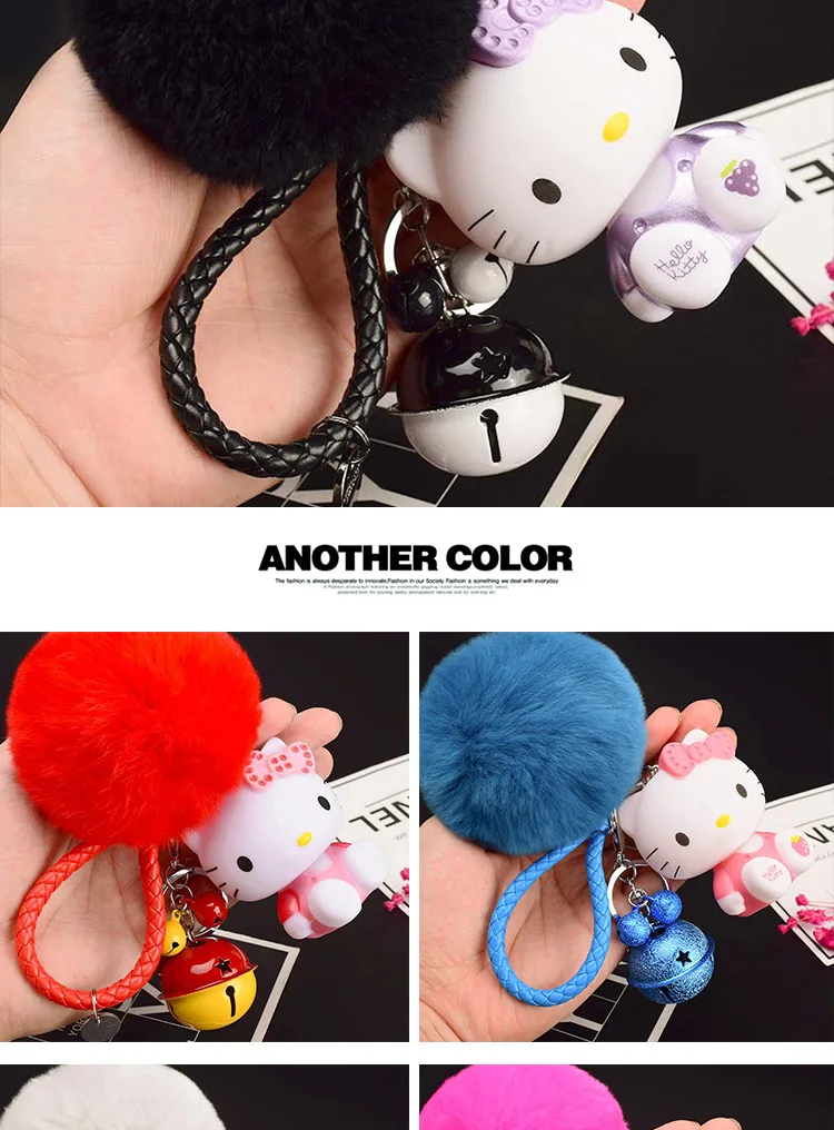 Милый мультфильм рисунок «Hello Kitty» меха кролика мяч помпон Pom подвески-Помпоны ремешок для женщин из металла брелки-цепочки автомобиля сумку очарование D151