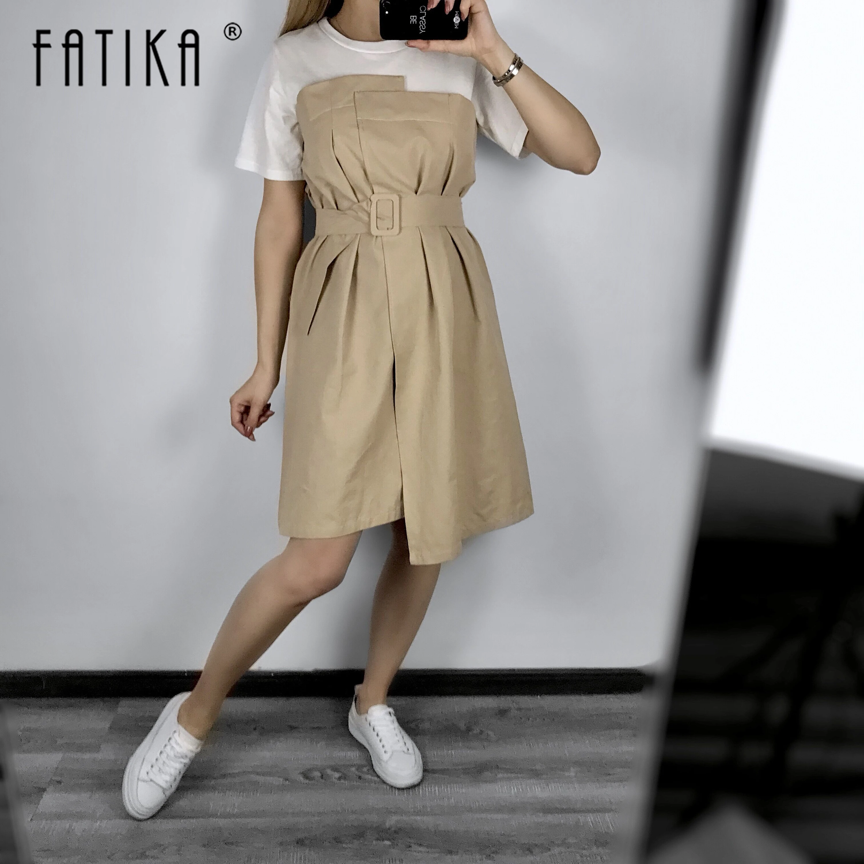 FATIKA, женские стильные платья с коротким рукавом и круглым вырезом, повседневные платья на шнуровке, Летнее Платье До Колена Для Женщин