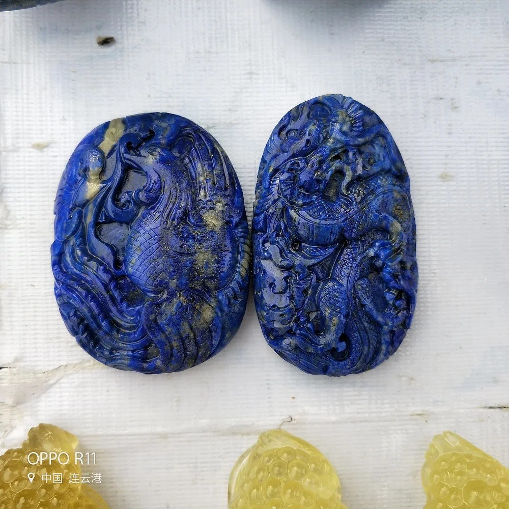 

Natural Crystal Carving Hand Carved Lapis Lazuli Chinese Dragon Phoenix Lucky Amulet Pendant