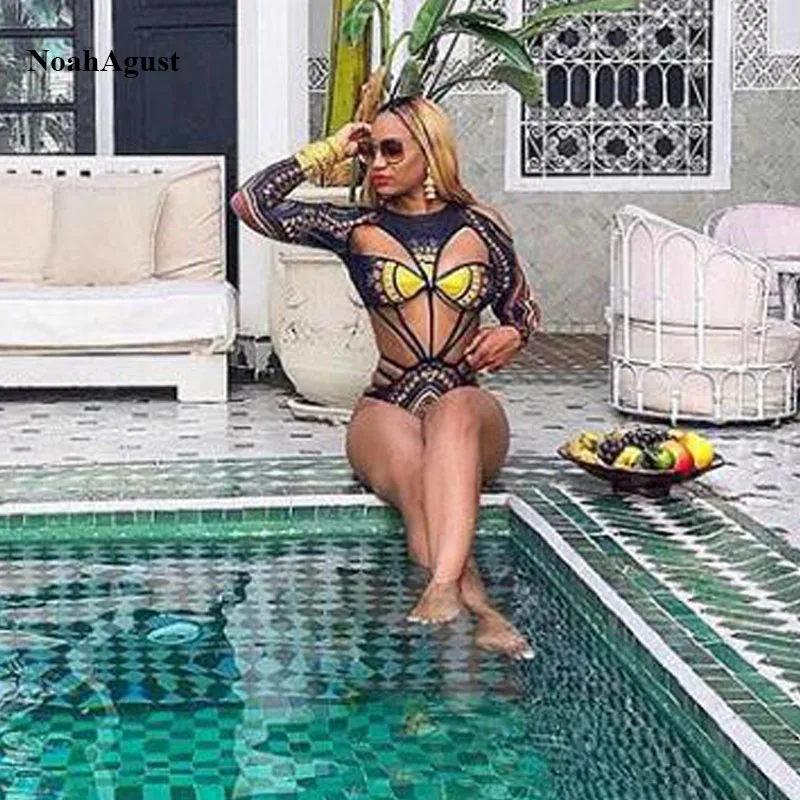 African Off Shoulder One Piece Swimsuit Women Backless Sexy Monokini Long Sleeve Swimwear Female Swimming Suit | Спорт и развлечения