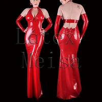 bling red halter latex evening dress backless with bowknots decoration and including long gloves