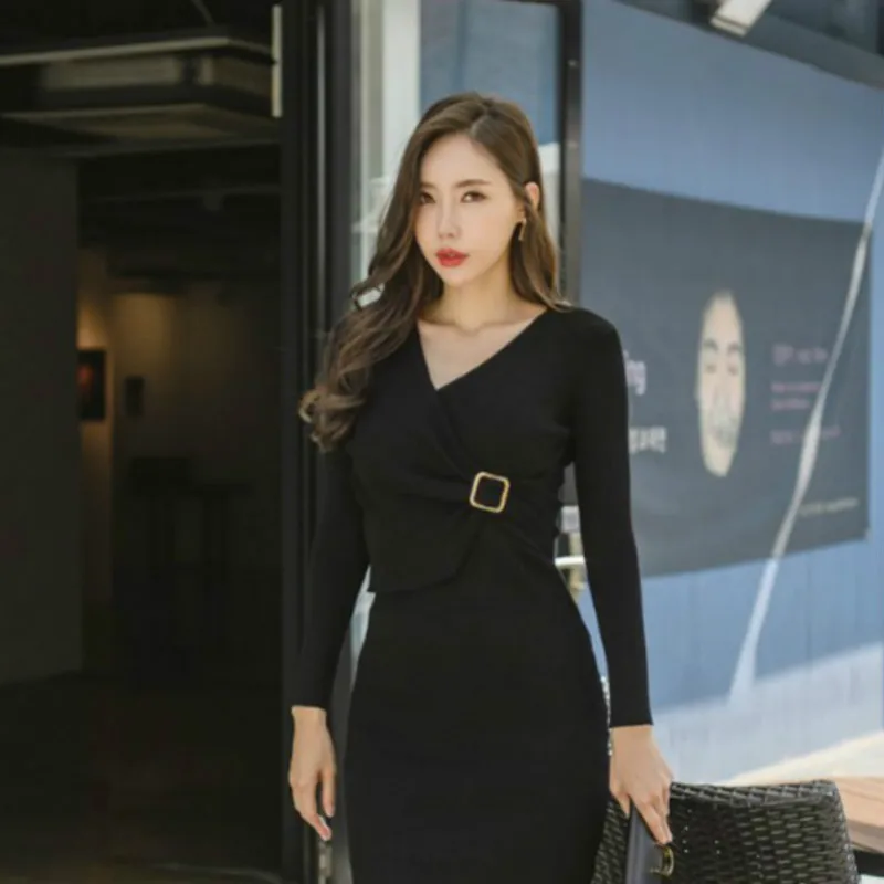 Осеннее вязаное платье-карандаш 2018 женское черное серое Повседневное платье до