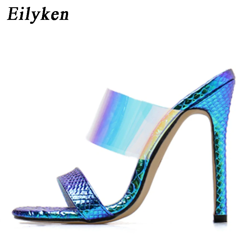 blue Eilyken/Новинка года; модные женские шлепанцы из змеиной кожи; цвет синий, серебристый; женская обувь для вечеринок; босоножки без шнуровки на тонком каблуке 12 см; Размеры 35-40 - Цвет: blue