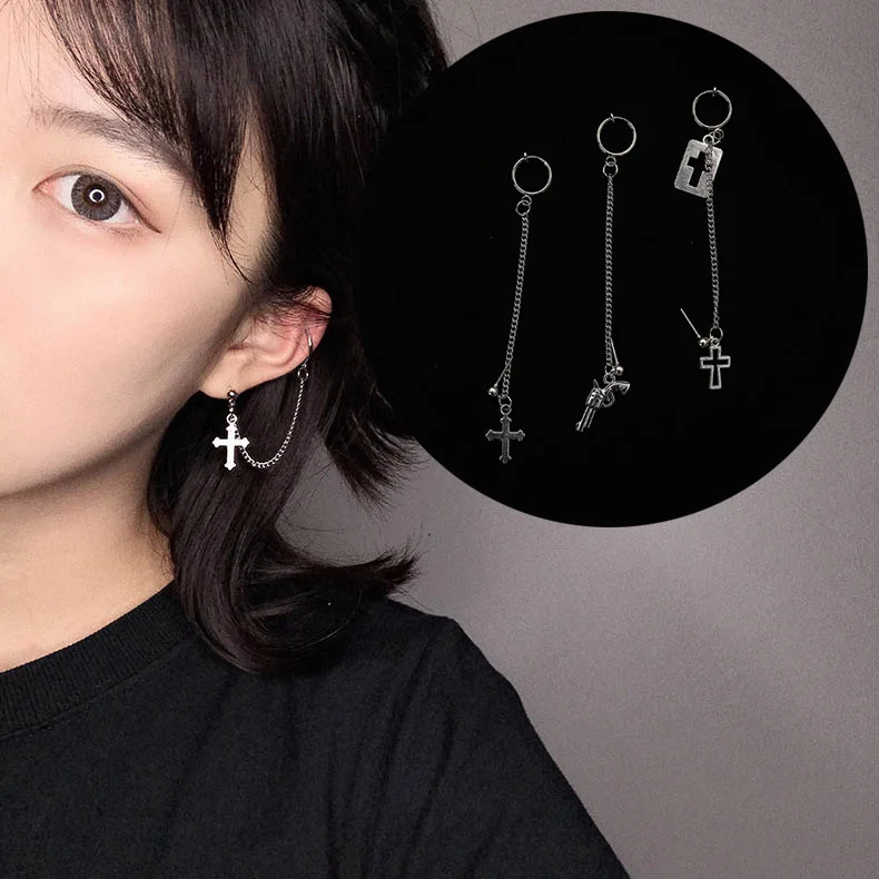 

1PCS European 2018 Fashion Vintage Long Chain Cross Pistol Drop Earrings for Men and Women Party Punk Jewelry Pendientes