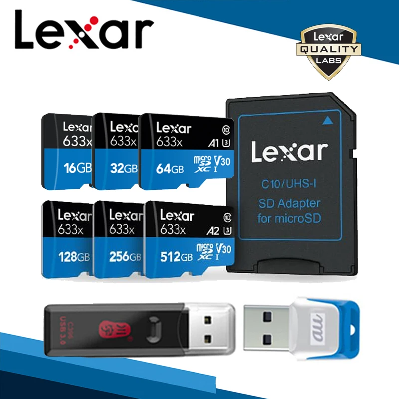 Lexar 633x высокая скорость 95 МБ/с./с 512 ГБ 256 ГБ 128 Гб Micro SD карта памяти адаптер SDHC UHS-I U1 U3 A1 A2 для дрона