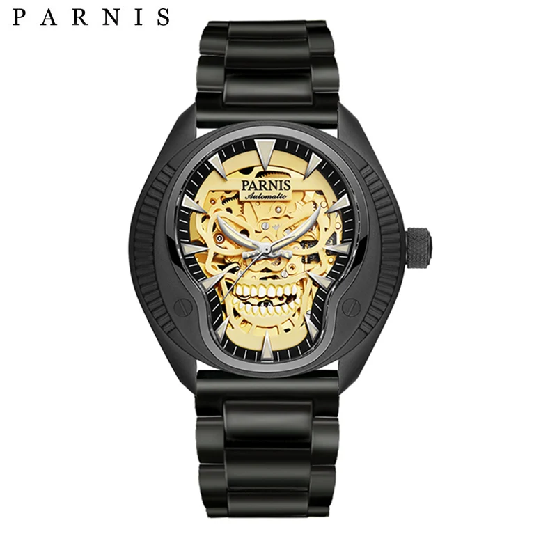 gold skull steel Новинка PARNIS механические мужские часы 43 мм дизайнерские Череп Скелет с автоматическим подзаводом светящийся циферблат сапфировое стекло Мужские часы - Цвет: gold skull steel