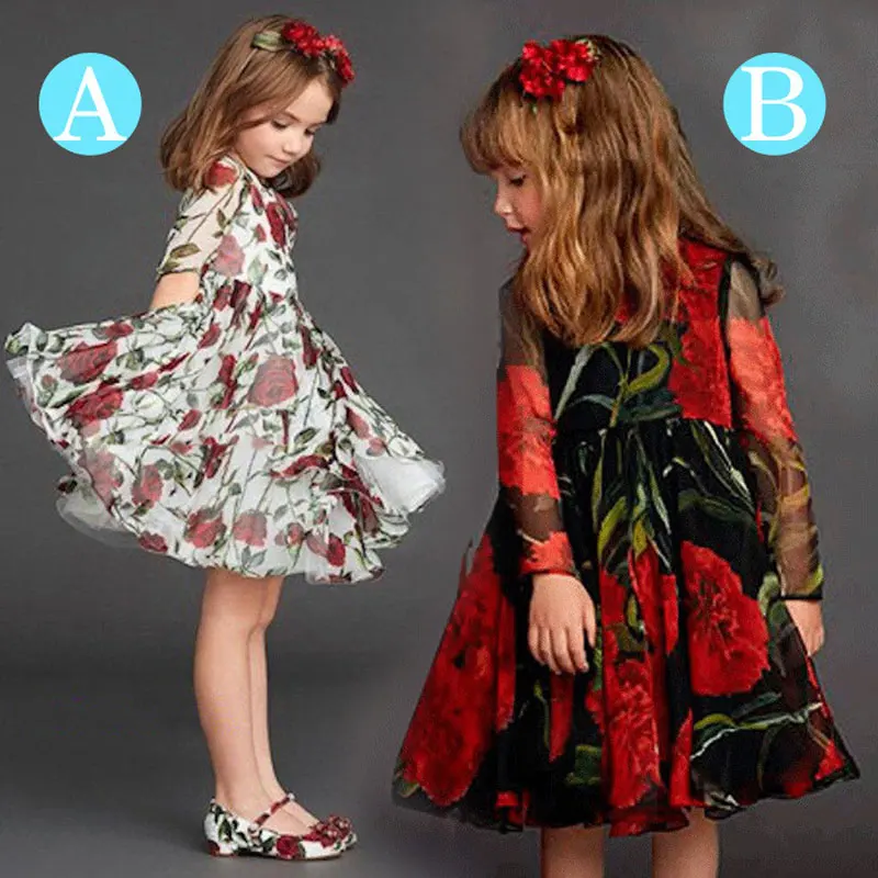 

2018 European style girls New 2-8T spring autumn kids clothing girls fashion flower pattern long sleeve dresses for girls